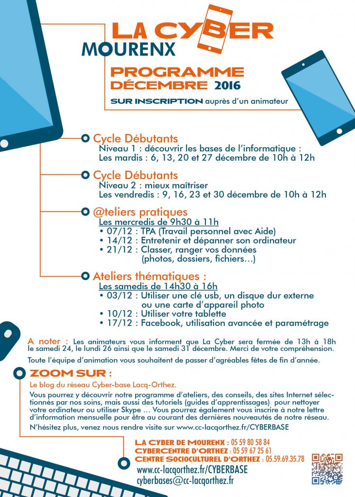 Programme ateliers - decembre 2016 - Réseau Cyber-base Lacq-Orthez