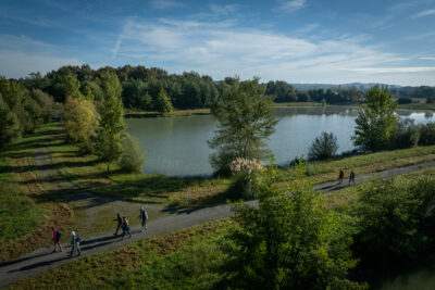 Randonneurs sur un chemin bétonné au bord d'un grand lac avec en arrière plan une forêt et un grand ciel bleu. - Agrandir l'image 3 sur 6, fenêtre modale