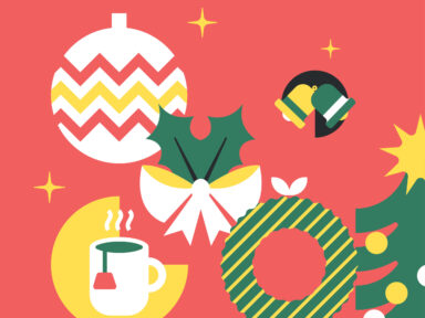 Visuel sur fond rouge avec, dessiné en flat design, un rond représentant une boule de Noël, en dessous une tasse de thé chaud dans le pacman symbole de la collectivité, à droite un rond creux emballé dans du papier cadeau, au centre un noeud, tout à droite un sapin de Noël, et entre les deux, le pacman de nouveau avec deux cloches au milieu. Le tout est décoré par des petites étoiles jaunes.