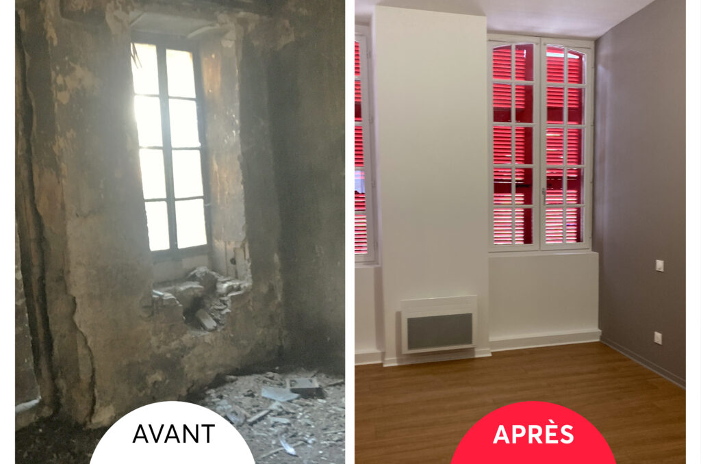 Vue avant à gauche sur une fenêtre d'un logement qui tombait en ruine, et vue à droite sur ces mêmes fenêtres et le sol flambant neufs. - Agrandir l'image, fenêtre modale