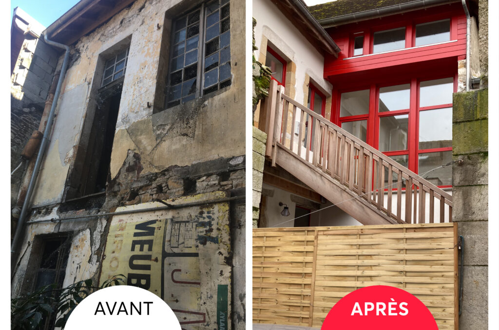 Vue avant à gauche d'une façade et vitres qui tombaient en ruine, et vue à droite d'une escalier pour de nouveau rendre le logement accessible avec ravalement de façade et des fenêtres neuves et repeintes. - Agrandir l'image, fenêtre modale