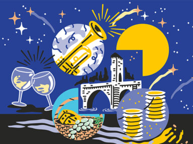 Visuel officiel de l'affiche des marchés nocturnes d'Orthez, sur fond bleu étoilé et plusieurs éléments montrant la festivité de l'événement.