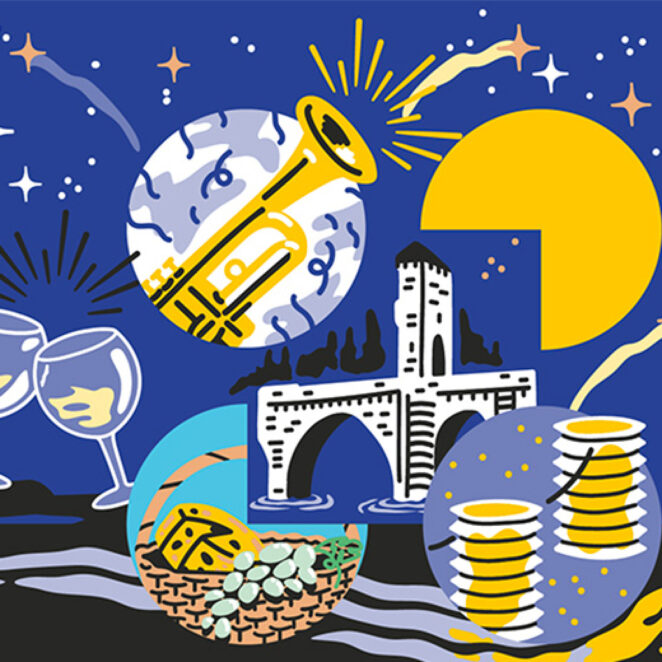 Visuel officiel de l'affiche des marchés nocturnes d'Orthez, sur fond bleu étoilé et plusieurs éléments montrant la festivité de l'événement.
