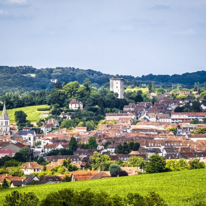 Vue d'une partie de la commune d'Orthez très coloré avec des espaces verts, et en fond la Tour Moncade.