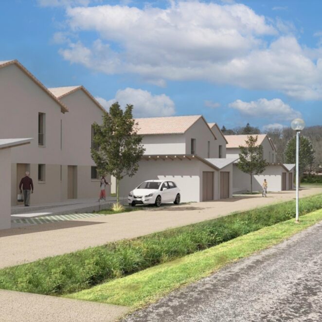 Vue 3D du résultat des travaux avec de gauche à droite : un garage fermé attenant à une petite maison devant laquelle on distingue un chemin piéton et deux places de parking dont une avec une voiture, derrière une autre maison avec le même schéma. Et à côté, la route et en fond le paysage.