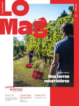 Page de garde du LO Mag avec écrit en haut à gauche LO MAG, une photo au centre à cheval sur un rectangle blanc à gauche et un rectangle rouge à droite, dans laquelle on distingue deux agriculteurs, un au loin de profil ramassant des raisins sur des vignes alignées sur la droite, et un autre au premier plan de dos qui s'avance pour l'aider, le tout dans des couleurs très vertes et un grand ciel bleu. Le bas de la page de garde montre 3 sections "ici et là" pour connaitre l'agenda des sorties de l'été, "territoire de talents" et "mobilités" avec un angle sur le vélo, pour teaser l'intérieur du magazine. - Agrandir l'image, fenêtre modale
