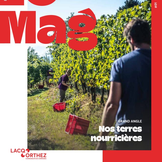 Page de garde du LO Mag avec écrit en haut à gauche LO MAG, une photo au centre à cheval sur un rectangle blanc à gauche et un rectangle rouge à droite, dans laquelle on distingue deux agriculteurs, un au loin de profil ramassant des raisins sur des vignes alignées sur la droite, et un autre au premier plan de dos qui s'avance pour l'aider, le tout dans des couleurs très vertes et un grand ciel bleu. Le bas de la page de garde montre 3 sections "ici et là" pour connaitre l'agenda des sorties de l'été, "territoire de talents" et "mobilités" avec un angle sur le vélo, pour teaser l'intérieur du magazine.