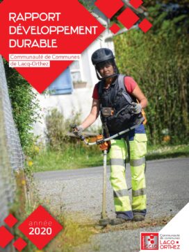 Page de couverture du rapport de développement durable avec la photo d'une femme travaillant au service des espaces verts et qui tond des mauvaises herbes au rotofile. - Agrandir l'image, fenêtre modale