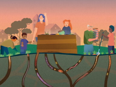Dessin en flat design avec en fond un coucher de soleil rosé avec des arbres et des habitations, en premier plan, 6 personnes de tous âges, genres et couleurs de peau qui se retrouvent devant un composter, et sous eux, on voit en transparence le sol qui montre la vie qui s'y trouve grâce au compost (des vers, des insectes, etc.).
