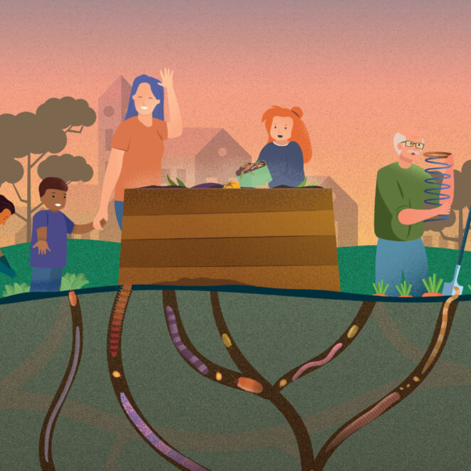 Dessin en flat design avec en fond un coucher de soleil rosé avec des arbres et des habitations, en premier plan, 6 personnes de tous âges, genres et couleurs de peau qui se retrouvent devant un composter, et sous eux, on voit en transparence le sol qui montre la vie qui s'y trouve grâce au compost (des vers, des insectes, etc.).