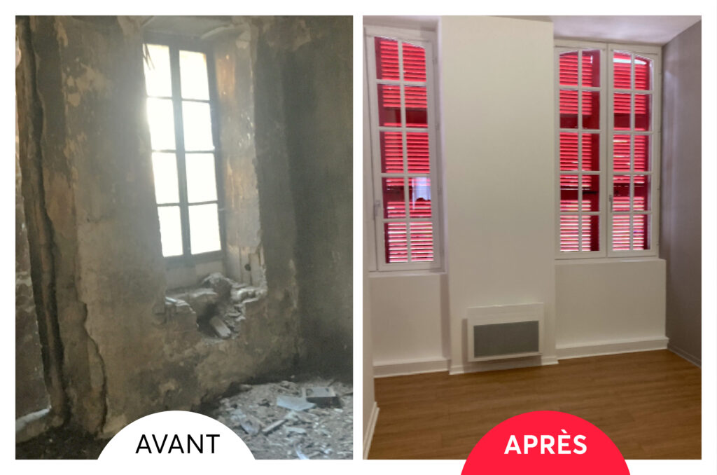 Vue avant à gauche sur une fenêtre d'un logement qui tombait en ruine, et vue à droite sur ces mêmes fenêtres et le sol flambant neufs. - Agrandir l'image, fenêtre modale