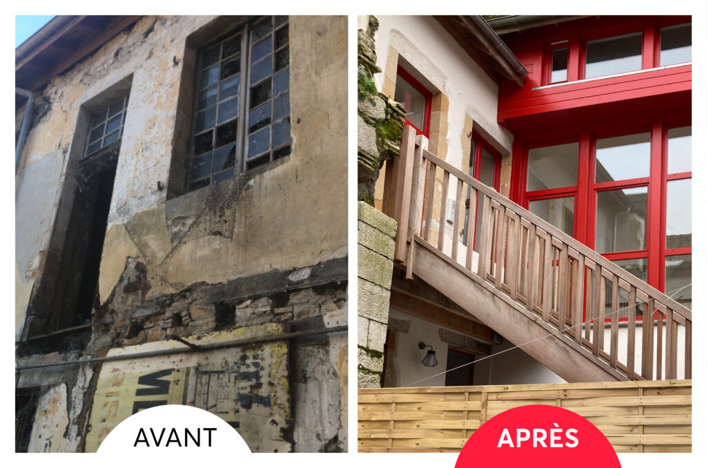 Vue avant à gauche d'une façade et vitres qui tombaient en ruine, et vue à droite d'une escalier pour de nouveau rendre le logement accessible avec ravalement de façade et des fenêtres neuves et repeintes. - Agrandir l'image, fenêtre modale