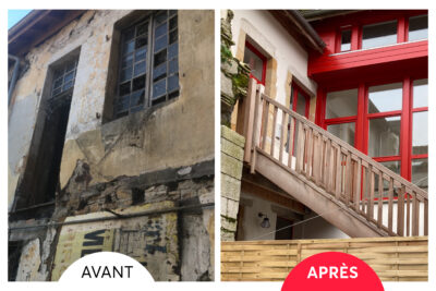 Vue avant à gauche d'une façade et vitres qui tombaient en ruine, et vue à droite d'une escalier pour de nouveau rendre le logement accessible avec ravalement de façade et des fenêtres neuves et repeintes. - Agrandir l'image 2 sur 3, fenêtre modale