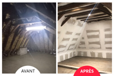 Vue à gauche avant travaux depuis un grenier montrant une toiture très vieille et des trou dans celle-ci, et vue après travaux à droite montrant des travaux d'isolations du grenier réussis. - Agrandir l'image 3 sur 3, fenêtre modale
