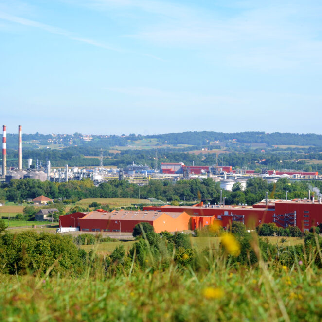 Vue sur le bassin de Lacq et ses usines avec un beau paysage au premier plan et en fond.