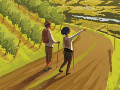 Visuel de l'affiche de notre évènement sur les randonnées, avec un décor de campagnes aux couleurs douces vertes et marron, avec au centre un couple de promeneur pointant du doigt le paysage au loin.