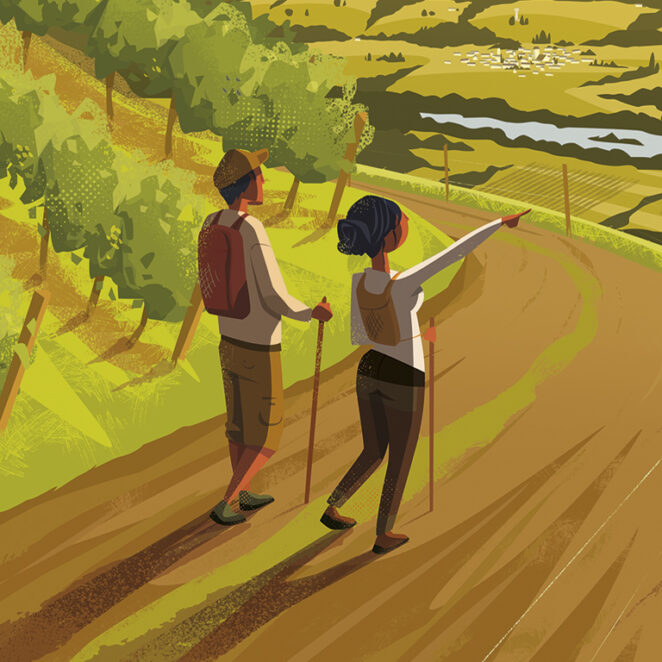 Visuel de l'affiche de notre évènement sur les randonnées, avec un décor de campagnes aux couleurs douces vertes et marron, avec au centre un couple de promeneur pointant du doigt le paysage au loin.