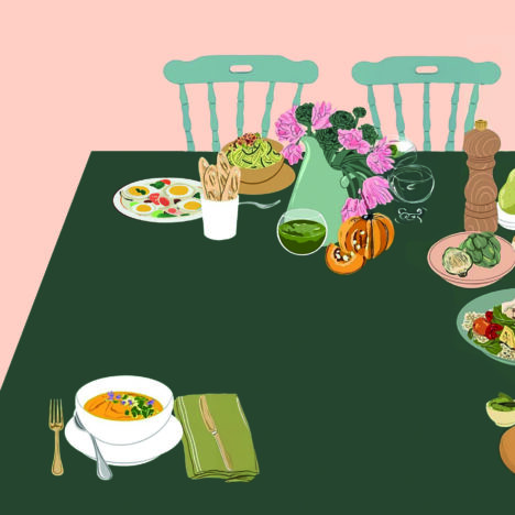 Image dessinée avec une table à manger verte avec, face à nous, des plats plein de légumes comme une soupe orange avec des herbes aromatiques, des salades en tout genre, de l'assaisonnement, un bouquet de fleur pour décorer, et 3 chaises alignées sur un fond uni. On distingue à droite une main de femme qui picore dans l'une des salades.