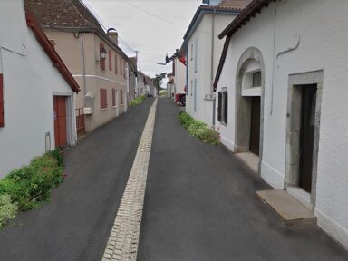 Vue après travaux montrant une route belle, avec une évacuation d'eau en son centre, et de belles plantations sur les bords des habitations.