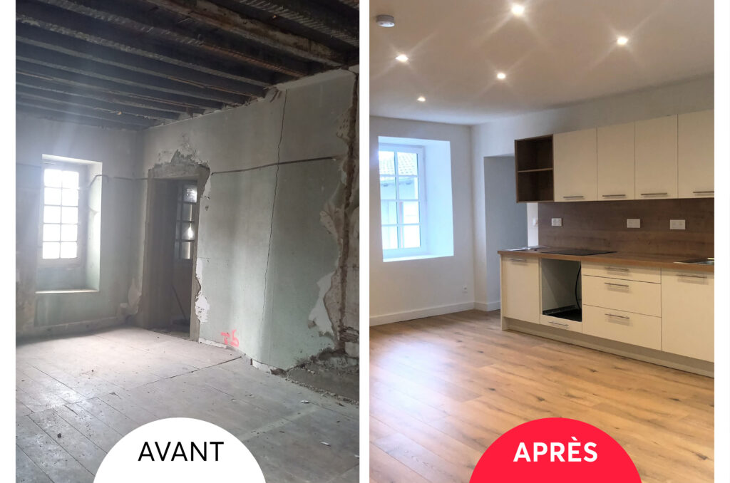 Avant/après de gauche à droite d'une pièce en ruine avec un mur dégradé avec une fenêtre et après une pièce impeccable, repeinte comme neuve et avec une cuisine tout juste installée. - Agrandir l'image, fenêtre modale