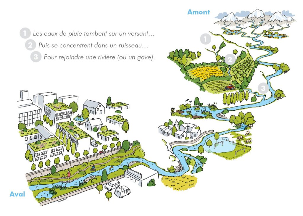 Dessins détaillé montrant le fonctionnement d'un bassin versant avec en haut à droite des montagnes où on voit l'eau ruisseler vers les terres en bas, puis viennent se concentrer dans des ruisseaux près de champs, et terminer course dans des rivières et petits lacs, jusqu'à, dans certains cas s'il n'y a pas d'aménagement, inonder nos rues et nos terrains habitables.