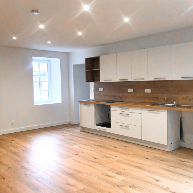 Cuisine équipée flambant neuve posée face à nous sur la droite contre un mur blanc fraichement repeint et sur du parquet neuf. Des lumières au plafond sont modernes et neuves également.