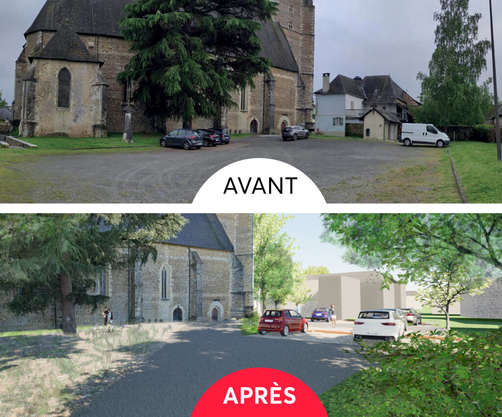 Vue avant-après du résultat des travaux de haut en bas. La vue d'en haut est la vue "avant" où l'on voit en fond l'église Saint-Girons et devant nous des petits espaces verts à gauche et à droite et au centre un espace bétonné faisant office de parking avec des places non matérialisées et un revêtement avec des gravillons. La vue d'en bas est une vue 3D du résultat des travaux avec face à nous le parking de l'église et en fond cette dernière. On y voit sur la gauche le cèdre protégé avec autour un plus grand espace vert que ce qui est le cas aujourd'hui, au centre le nouveau revêtement du parking, et au fond à droite les nouvelles places de parking matérialisées contrairement à ce qui est le cas aujourd'hui.