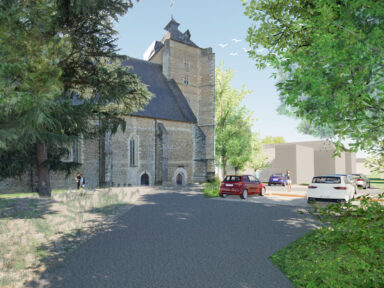 Vue du résultat des travaux avec face à nous le parking de l'église et en fond cette dernière. On y voit sur la gauche le cèdre protégé avec autour un plus grand espace vert que ce qui est le cas aujourd'hui, au centre le nouveau revêtement du parking, et au fond à droite les nouvelles places de parking matérialisées contrairement à ce qui est le cas aujourd'hui.
