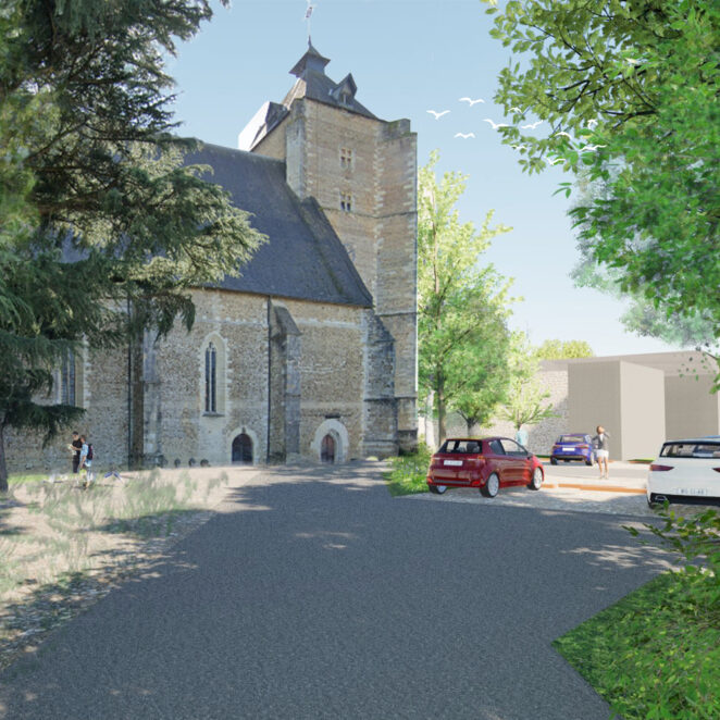 Vue du résultat des travaux avec face à nous le parking de l'église et en fond cette dernière. On y voit sur la gauche le cèdre protégé avec autour un plus grand espace vert que ce qui est le cas aujourd'hui, au centre le nouveau revêtement du parking, et au fond à droite les nouvelles places de parking matérialisées contrairement à ce qui est le cas aujourd'hui.