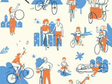 Visuel avec fond clair représentant des dessins qui semblent crayonnés à la main et représentent plusieurs cas de figure de pratique à vélo avec chaque petit dessin relié entre eux par une action, certaines se saluent de loin en pédalant, se donnent un café, etc.