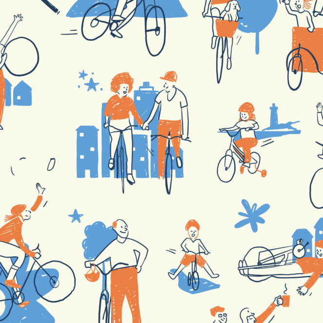 Visuel avec fond clair représentant des dessins qui semblent crayonnés à la main et représentent plusieurs cas de figure de pratique à vélo avec chaque petit dessin relié entre eux par une action, certaines se saluent de loin en pédalant, se donnent un café, etc.
