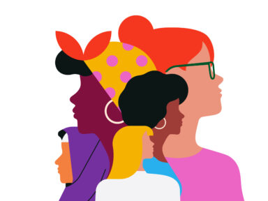 Image en flat design donc avec des formes simples et sans trop de détails de visages de femmes de toutes couleurs de cheveux, de toutes les ethnies et croyances religieuses, tournées pour regarder à gauche, certaines à droite, pour montrer l'unité des femmes pour leurs droits.