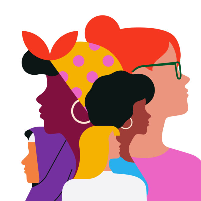 Image en flat design donc avec des formes simples et sans trop de détails de visages de femmes de toutes couleurs de cheveux, de toutes les ethnies et croyances religieuses, tournées pour regarder à gauche, certaines à droite, pour montrer l'unité des femmes pour leurs droits.