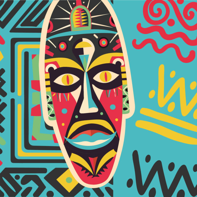 Visuel de la Foire sur fond uni avec des symboles typiques africains avec des lignes, des carrés, des W et des losanges, et au centre de l'image légèrement penché sur la gauche, un masque africain avec plusieurs couleurs typiques de l'Afrique.