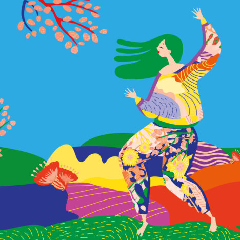 Dessin très coloré d'une femme yeux fermée qui danse au milieu de la nature représentée de manière fantaisiste
