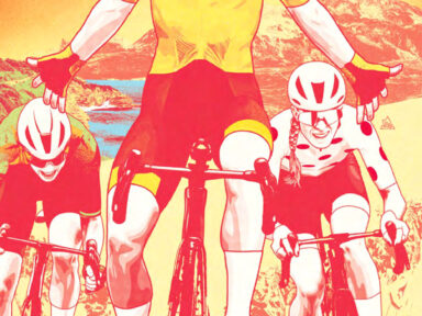 Affiche officielle de l'évènement avec face à nous le corps d'un cycliste et d'un vélo vue de près, il ne tient pas les guidons et fait un signe de victoire ou de délivrance, et à sa gauche et sa droits, deux autres coureuses toutes équipées, avec en toile de fond les Pyrénées.