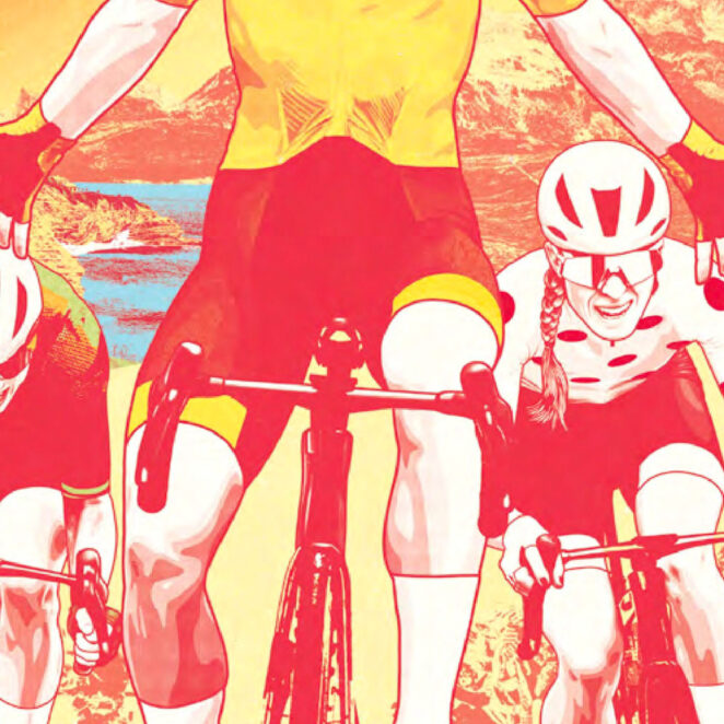 Affiche officielle de l'évènement avec face à nous le corps d'un cycliste et d'un vélo vue de près, il ne tient pas les guidons et fait un signe de victoire ou de délivrance, et à sa gauche et sa droits, deux autres coureuses toutes équipées, avec en toile de fond les Pyrénées.