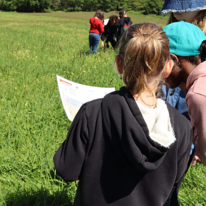Enfant de dos avec un pull à capuche qui regarde sa feuille d'école avec une autre élève avec une casquette à sa droite, les filles sont dans un espace naturel, et plus loin devant elle on distingue d'autres groupes d'enfants regardant leur feuille de travail également.
