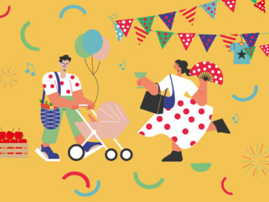 Dessin avec un personnage masculin à gauche qui pousse une poussette avec son sac de course et des ballons, et à droite une femme qui danse avec des sacs de shopping, un verre à la main et un éventail. Au dessus d'elle se trouve des décorations festives.