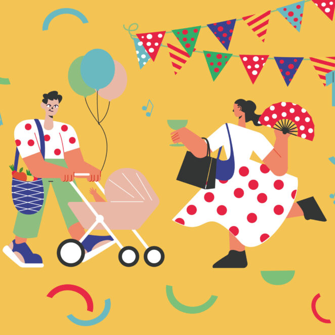Dessin avec un personnage masculin à gauche qui pousse une poussette avec son sac de course et des ballons, et à droite une femme qui danse avec des sacs de shopping, un verre à la main et un éventail. Au dessus d'elle se trouve des décorations festives.